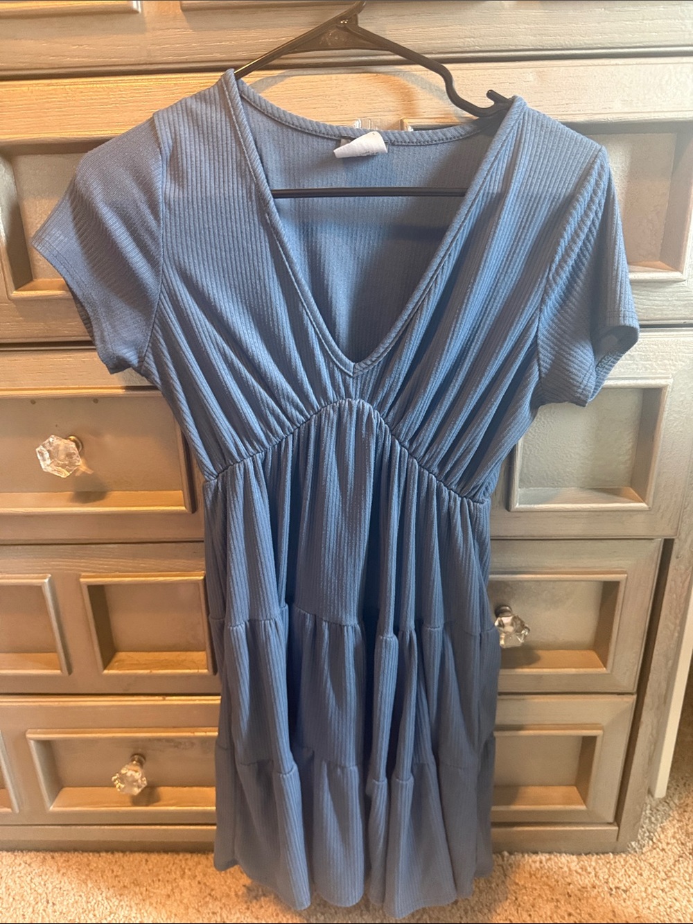 Olivia Rae Dusty Blue V-Neck Short Sleeve Tiered Midi Dress